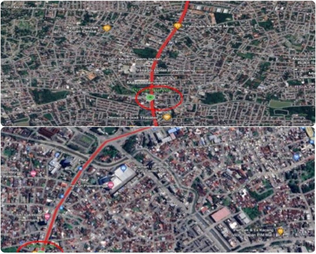 Titik Survey di Ruas Jalan MP Mangkunegara (atas) dan Jalan Kapt. A. Rifai (bawah) ditandai dengan garis merah. (Foto : dok. LHP BPK Pemprov Sumsel 2023)